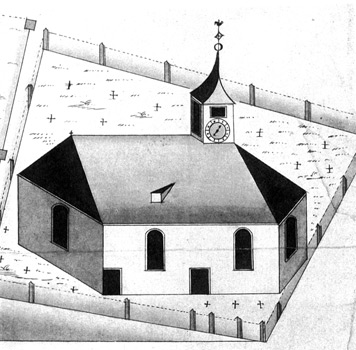 Die erste Kirche in Gablenberg entstand gegen Ende des 15. Jh. (Zeichnung, 1750)