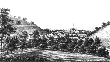 So sah Gablenberg zu Beginn des 19. Jh. aus; zu beiden Seiten des Ortes sind Weinberge zu erkennen. (Lithografie, um 1825)