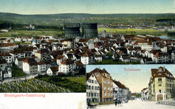 Gaisburg von Süden, 1911, das Ortsbild beherrscht das Gaswerk; Sammlung Unglaub