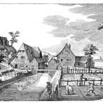 Die Hintere und die Vordere Mühle in Berg, im Vordergrund der Mühlkanal. Stich von Matthäus Merian aus dem 17. Jh.